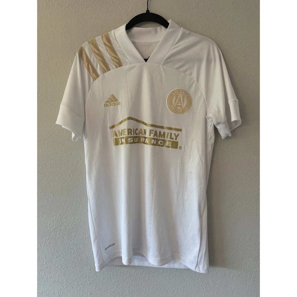 Atlanta United FC Soccer Jersey Men's Small White Gold Short Sleeve Adidas